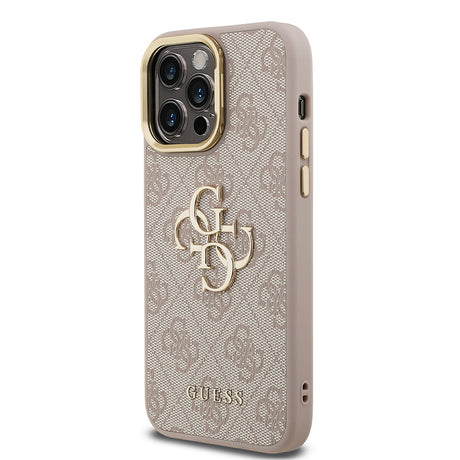 Apple iPhone 14 Pro Max Kılıf Guess Orjinal Lisanslı PU Deri 4G Desenli Metal Büyük 4G ve Yazı Logolu Kamera Standlı Kapak
