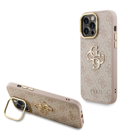 Apple iPhone 14 Pro Max Kılıf Guess Orjinal Lisanslı PU Deri 4G Desenli Metal Büyük 4G ve Yazı Logolu Kamera Standlı Kapak