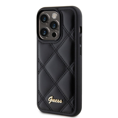 Apple iPhone 14 Pro Max Kılıf Guess Orjinal Lisanslı PU Deri Metal Yazı Logolu Kapitone Kapak