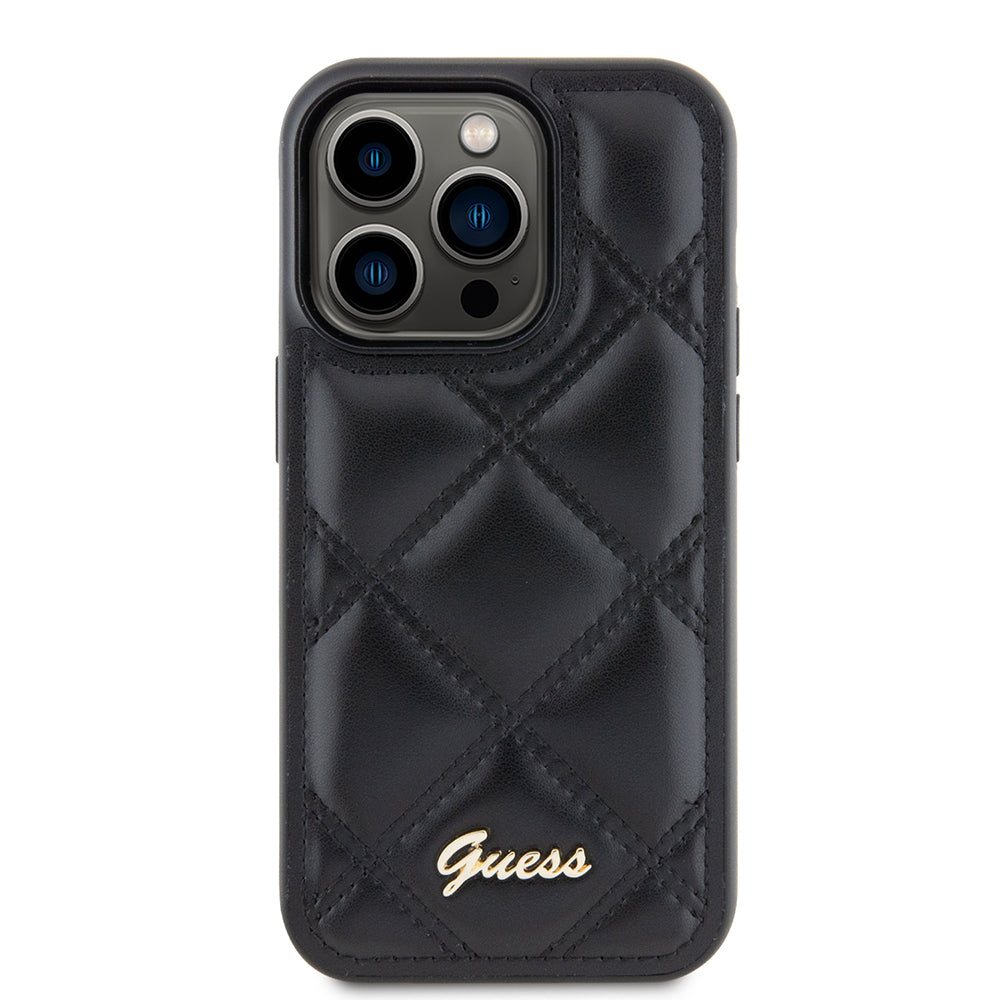 Apple iPhone 14 Pro Max Kılıf Guess Orjinal Lisanslı PU Deri Metal Yazı Logolu Kapitone Kapak