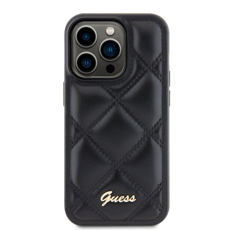 Apple iPhone 14 Pro Max Kılıf Guess Orjinal Lisanslı PU Deri Metal Yazı Logolu Kapitone Kapak
