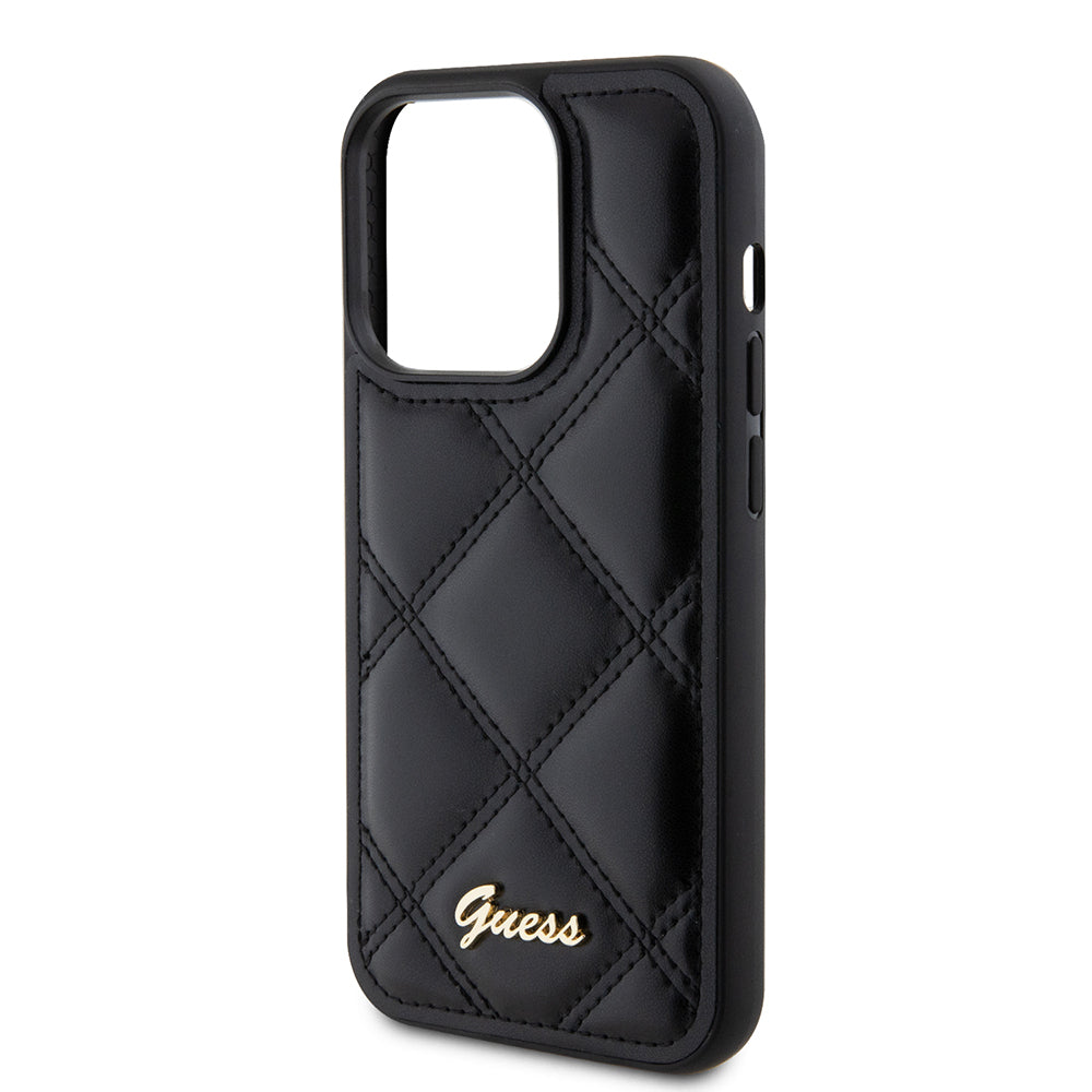 Apple iPhone 14 Pro Max Kılıf Guess Orjinal Lisanslı PU Deri Metal Yazı Logolu Kapitone Kapak