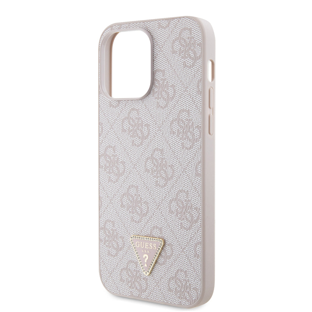 Apple iPhone 14 Pro Max Kılıf Guess Orjinal Lisanslı PU Deri Taşlı Metal Üçgen Logolu Çapraz Vücut Askılı 4G Desenli Kapak