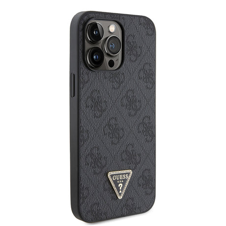 Apple iPhone 14 Pro Max Kılıf Guess Orjinal Lisanslı PU Deri Taşlı Metal Üçgen Logolu Çapraz Vücut Askılı 4G Desenli Kapak