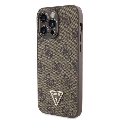 Apple iPhone 14 Pro Max Kılıf Guess Orjinal Lisanslı PU Deri Taşlı Metal Üçgen Logolu Çapraz Vücut Askılı 4G Desenli Kapak