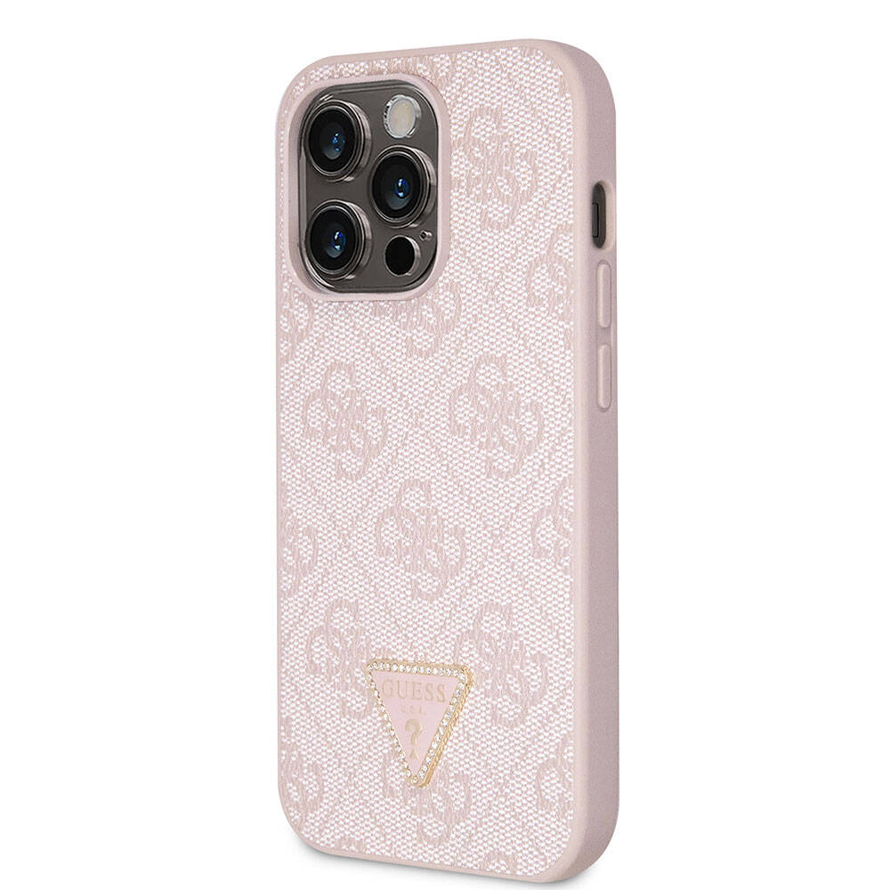 Apple iPhone 14 Pro Max Kılıf Guess Orjinal Lisanslı PU Deri Taşlı Üçgen Logo 4G Desenli Kapak