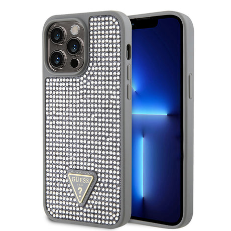 Apple iPhone 14 Pro Max Kılıf Guess Orjinal Lisanslı Taşlı Arka Yüzey Üçgen Logolu Kapak
