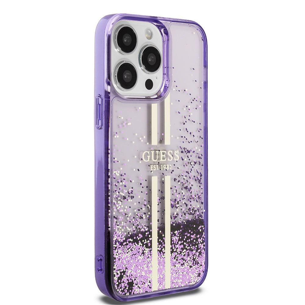 Apple iPhone 14 Pro Max Kılıf Guess Orjinal Lisanslı Transparan Sıvılı Simli Altın Çizgili Kapak
