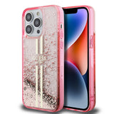 Apple iPhone 14 Pro Max Kılıf Guess Orjinal Lisanslı Transparan Sıvılı Simli Altın Çizgili Kapak