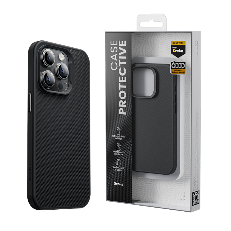 Apple iPhone 14 Pro Max Kılıf Karbon Fiber M-safe Şarj Özellikli Benks 600D Hybrid Kevlar Kapak