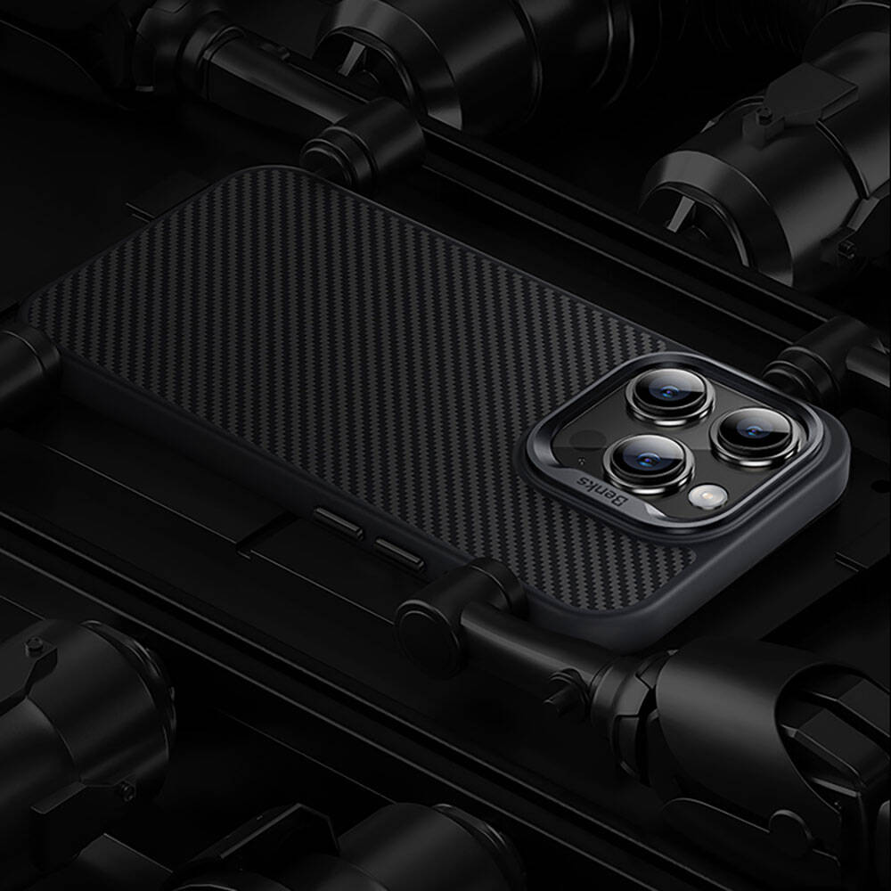 Apple iPhone 14 Pro Max Kılıf Karbon Fiber M-safe Şarj Özellikli Benks Hybrid ArmorPro 600D Kevlar Kapak