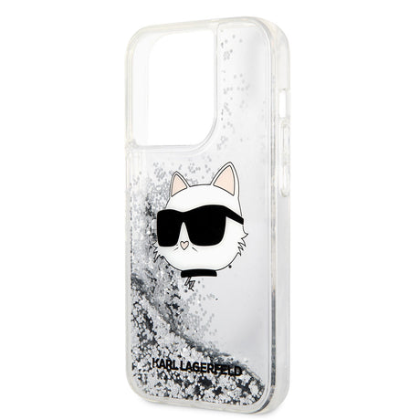 Apple iPhone 14 Pro Max Kılıf Karl Lagerfeld Sıvılı Simli Choupette Head Dizayn Kapak