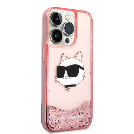 Apple iPhone 14 Pro Max Kılıf Karl Lagerfeld Sıvılı Simli Choupette Head Dizayn Kapak