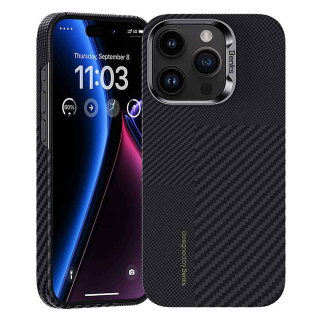 Apple iPhone 14 Pro Max Kılıf M-safe Şarj Özellikli Karbon Fiber Benks Montage ArmorAir Kevlar Kapak