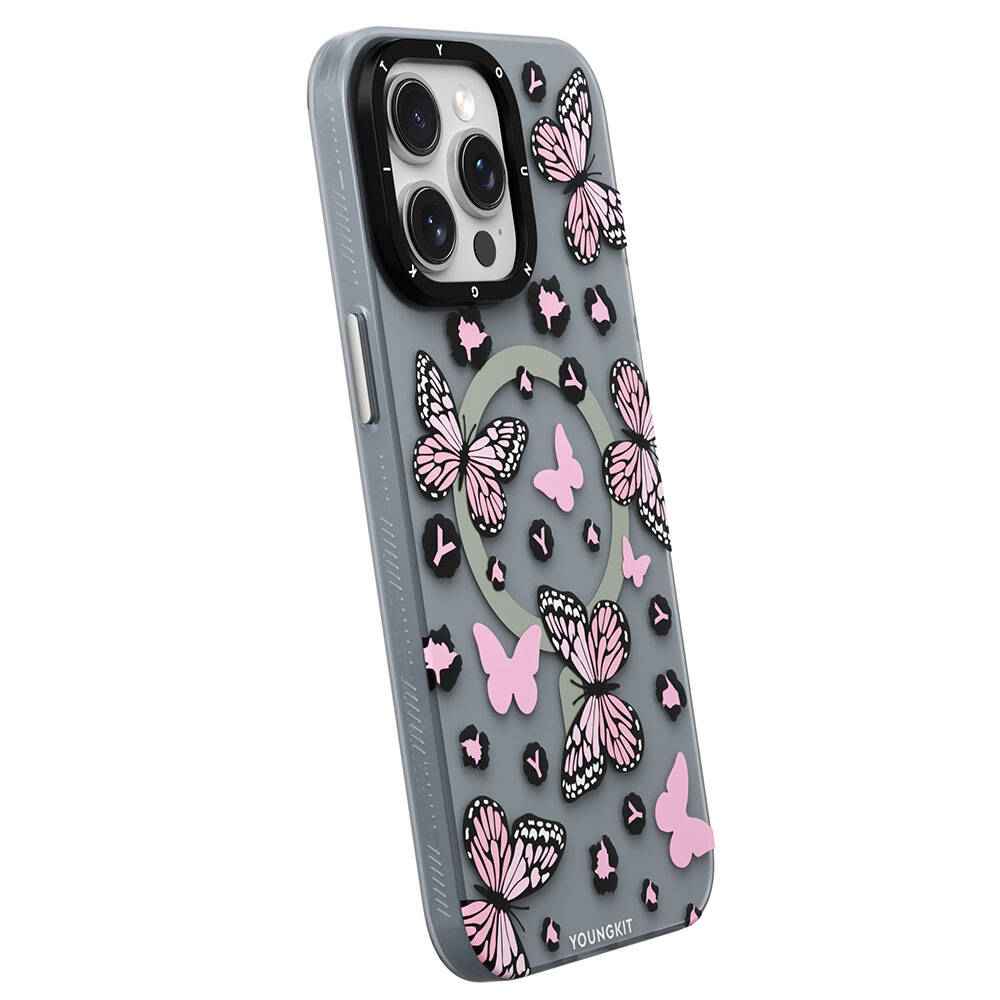Apple iPhone 14 Pro Max Kılıf M-safe Şarj Özellikli Kelebek Desenli Youngkit Shadow Dance Serisi Kapak