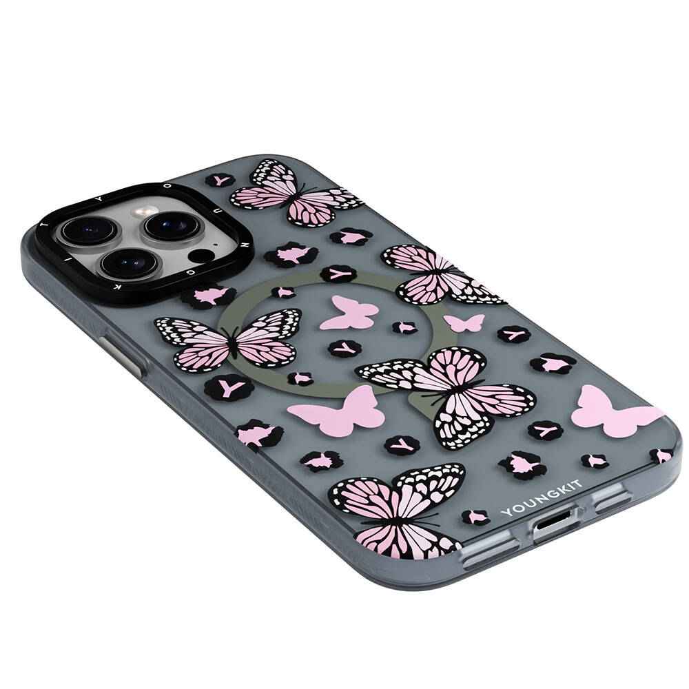 Apple iPhone 14 Pro Max Kılıf M-safe Şarj Özellikli Kelebek Desenli Youngkit Shadow Dance Serisi Kapak