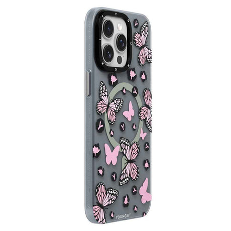 Apple iPhone 14 Pro Max Kılıf M-safe Şarj Özellikli Kelebek Desenli Youngkit Shadow Dance Serisi Kapak