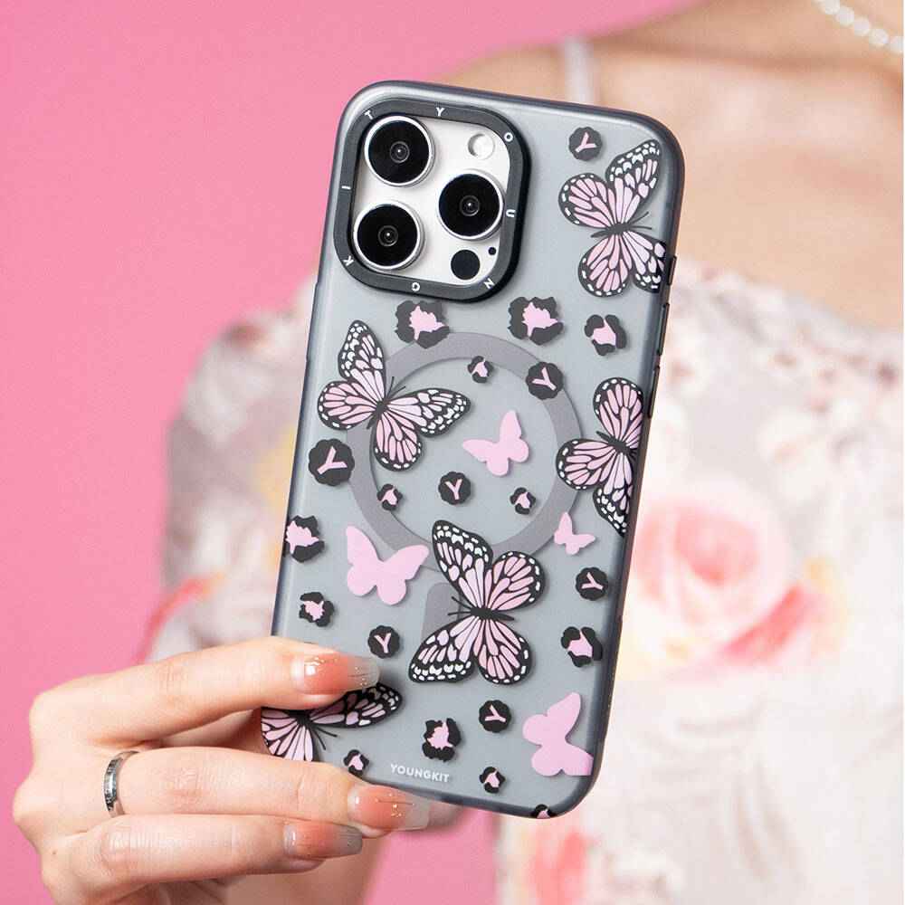 Apple iPhone 14 Pro Max Kılıf M-safe Şarj Özellikli Kelebek Desenli Youngkit Shadow Dance Serisi Kapak