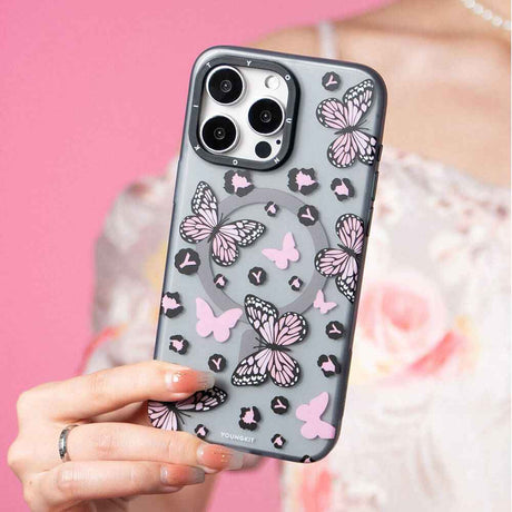 Apple iPhone 14 Pro Max Kılıf M-safe Şarj Özellikli Kelebek Desenli Youngkit Shadow Dance Serisi Kapak