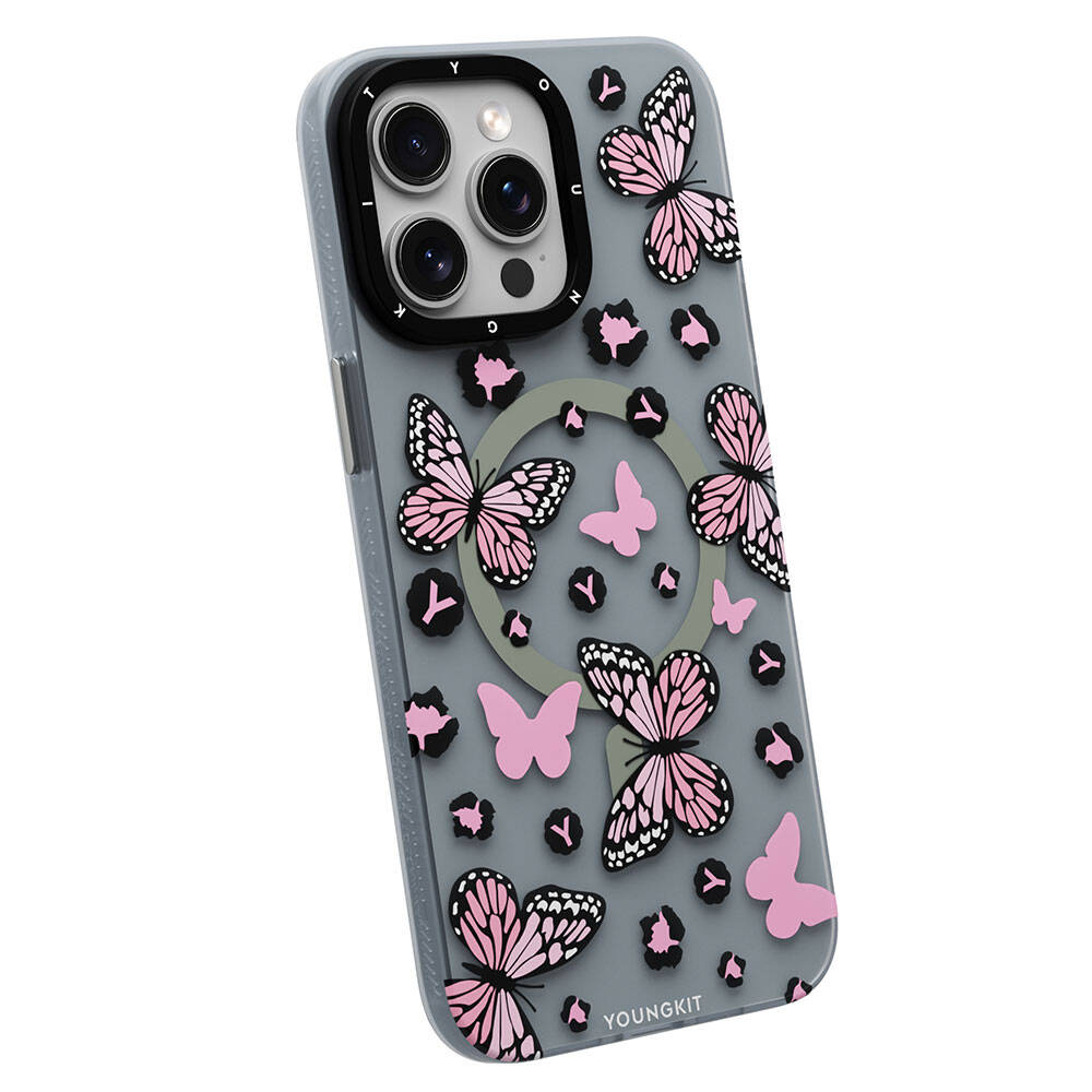 Apple iPhone 14 Pro Max Kılıf M-safe Şarj Özellikli Kelebek Desenli Youngkit Shadow Dance Serisi Kapak