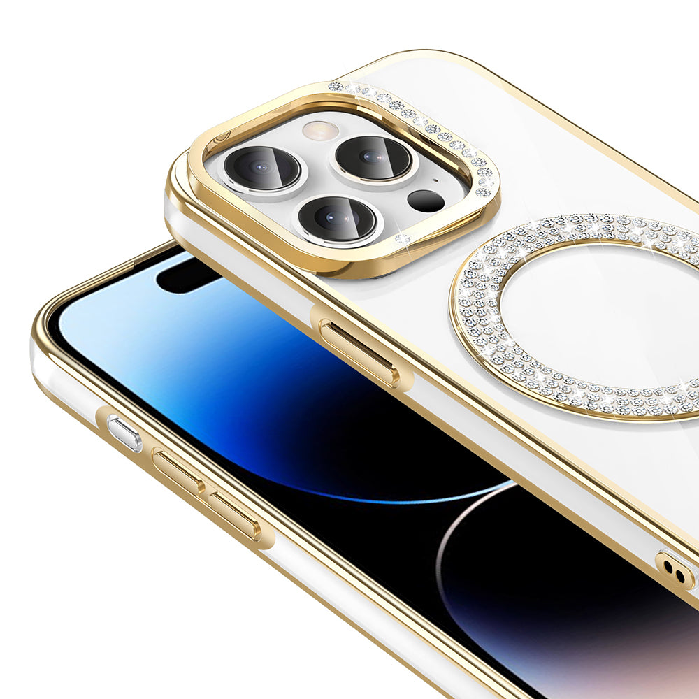 Apple iPhone 14 Pro Max Kılıf Pırlanta Taş Tasarımlı M-safe Şarj Özellikli Zore Karetta Silikon Kapak