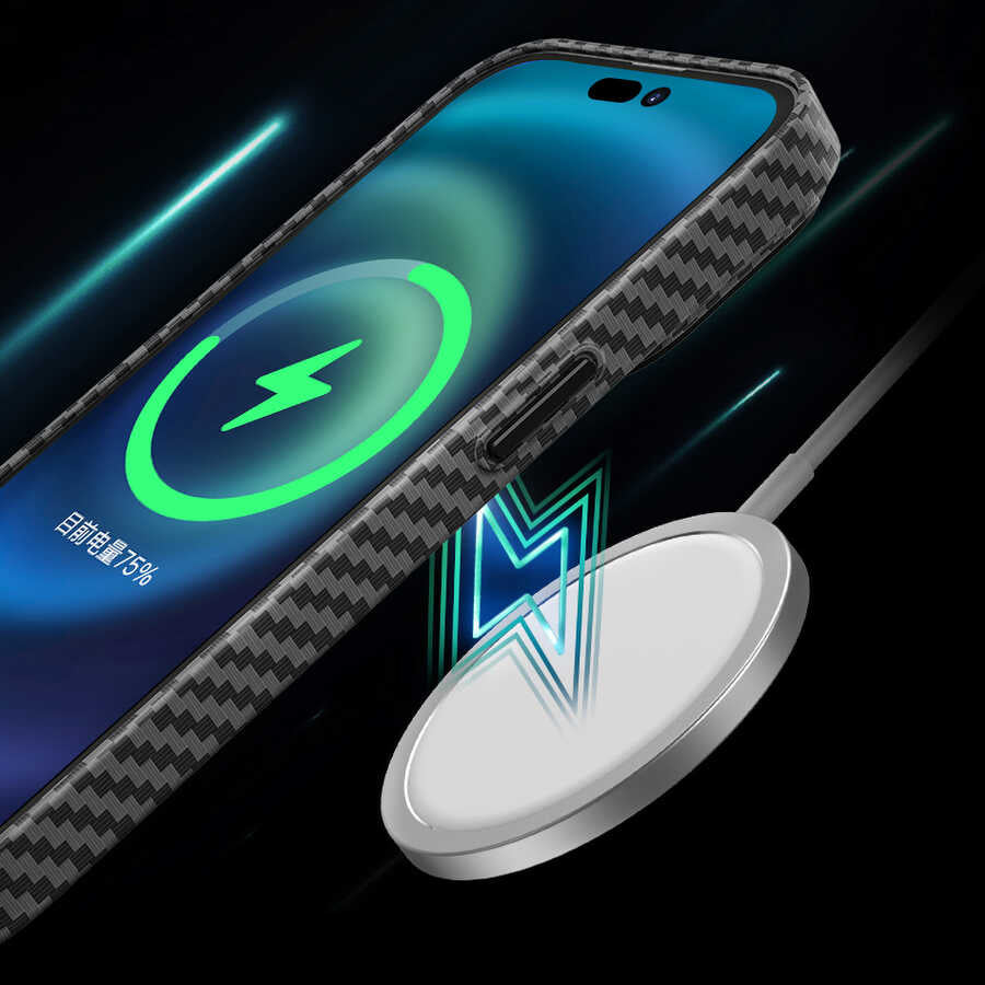Apple iPhone 14 Pro Max Kılıf ​​​​​Wiwu Karbon Fiber Görünümlü M-safe Wireless Şarj Özellikli Kabon Kapak