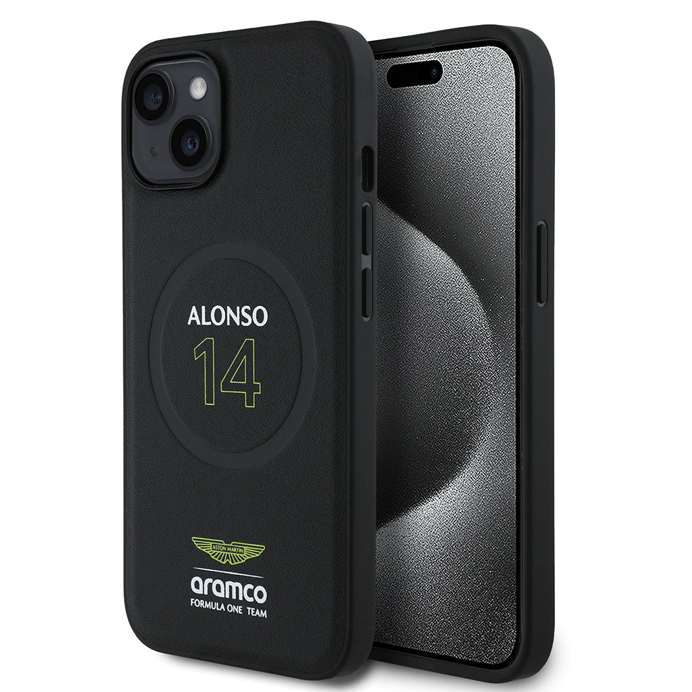 Apple iPhone 15 Kılıf Aston Martin Orjinal Lisanslı M-safe Şarj Özellikli PU Deri Alonso 14 Baskılı Kapak
