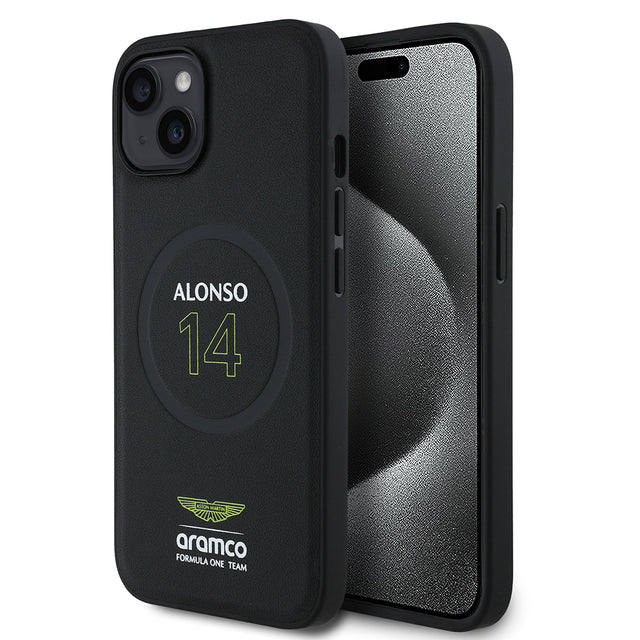 Apple iPhone 15 Kılıf Aston Martin Orjinal Lisanslı M-safe Şarj Özellikli PU Deri Alonso 14 Baskılı Kapak