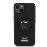 Apple iPhone 15 Kılıf Aston Martin Orjinal Lisanslı M-safe Şarj Özellikli PU Deri Alonso 14 Baskılı Kapak