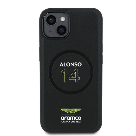 Apple iPhone 15 Kılıf Aston Martin Orjinal Lisanslı M-safe Şarj Özellikli PU Deri Alonso 14 Baskılı Kapak