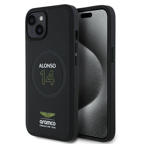 Apple iPhone 15 Kılıf Aston Martin Orjinal Lisanslı M-safe Şarj Özellikli PU Deri Alonso 14 Baskılı Kapak