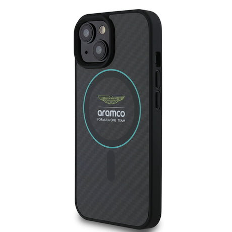 Apple iPhone 15 Kılıf Aston Martin Orjinal Lisanslı M-safe Şarj Özellikli Renkli Halka ve Karbon Fiber Tasarımlı Kapak