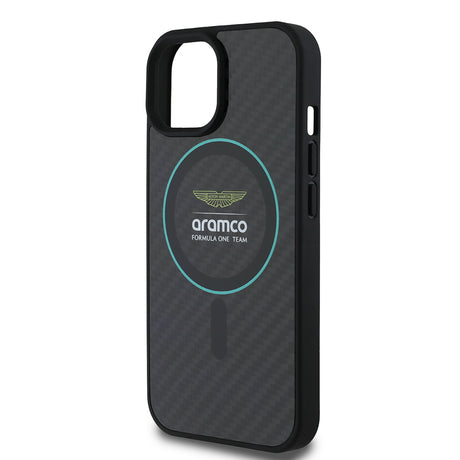 Apple iPhone 15 Kılıf Aston Martin Orjinal Lisanslı M-safe Şarj Özellikli Renkli Halka ve Karbon Fiber Tasarımlı Kapak