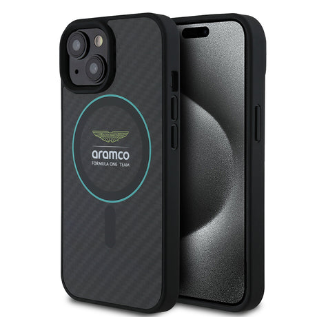 Apple iPhone 15 Kılıf Aston Martin Orjinal Lisanslı M-safe Şarj Özellikli Renkli Halka ve Karbon Fiber Tasarımlı Kapak