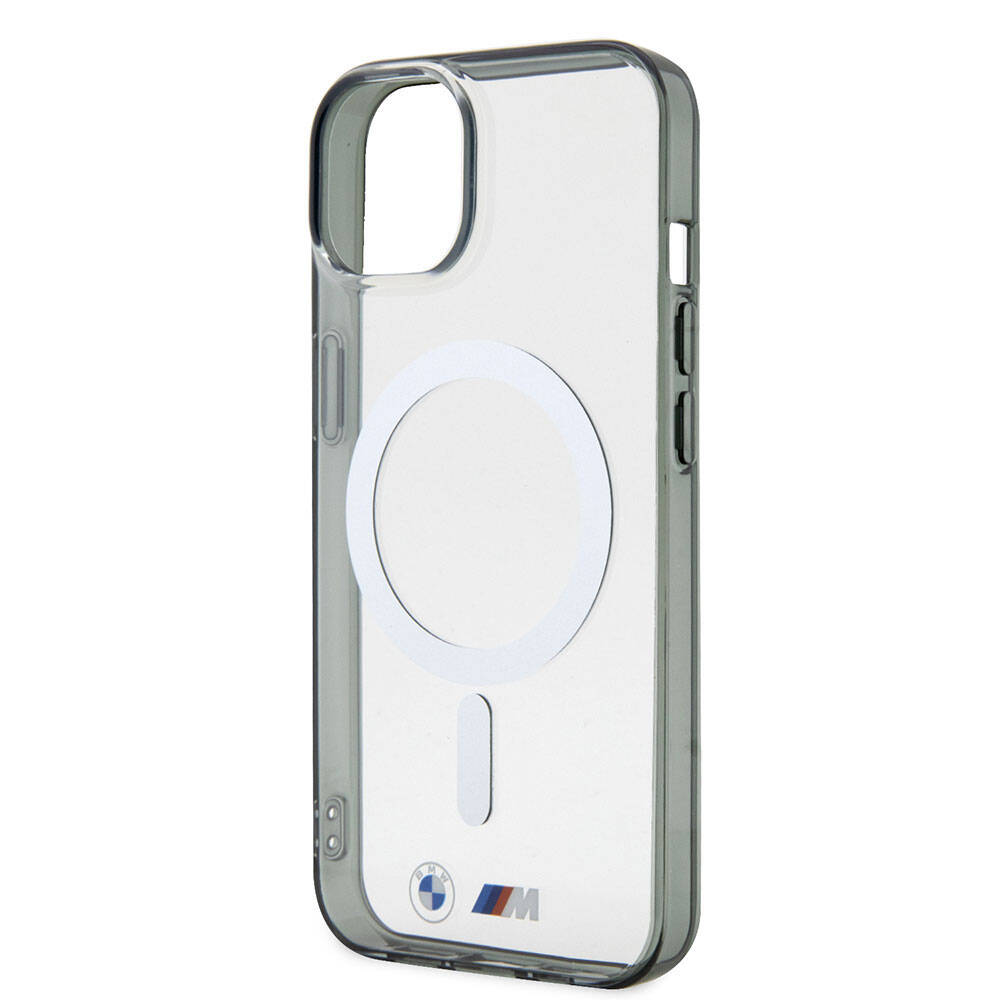 Apple iPhone 15 Kılıf BMW M-safe Şarj Özellikli Transparan Silver Ring Orjinal Lisanslı Kapak