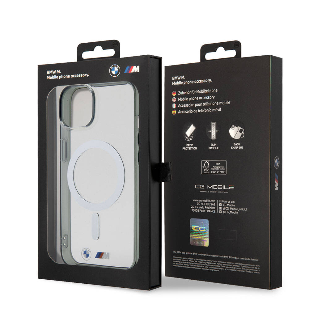 Apple iPhone 15 Kılıf BMW M-safe Şarj Özellikli Transparan Silver Ring Orjinal Lisanslı Kapak