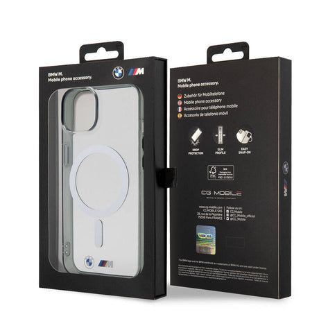 Apple iPhone 15 Kılıf BMW M-safe Şarj Özellikli Transparan Silver Ring Orjinal Lisanslı Kapak