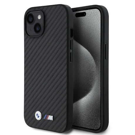 Apple iPhone 15 Kılıf BMW Orjinal Lisanslı Karbon Fiber Tasarımlı ve Metal Logolu PU Deri Kapak