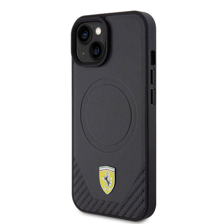 Apple iPhone 15 Kılıf Ferrari Orjinal Lisanslı M-safe Şarj Özellikli Metal Logolu PU Karbon Kapak
