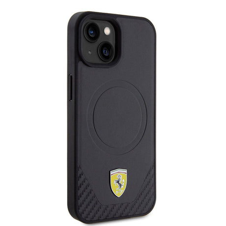 Apple iPhone 15 Kılıf Ferrari Orjinal Lisanslı M-safe Şarj Özellikli Metal Logolu PU Karbon Kapak
