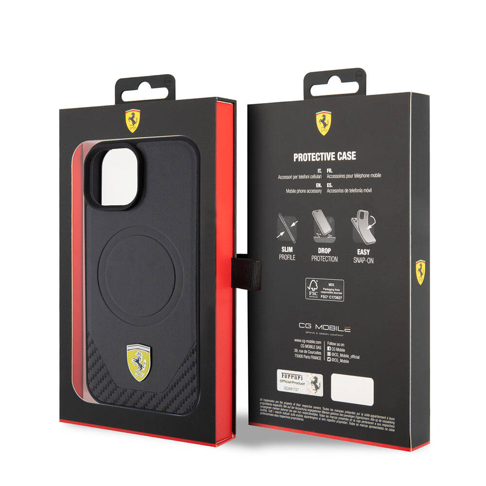 Apple iPhone 15 Kılıf Ferrari Orjinal Lisanslı M-safe Şarj Özellikli Metal Logolu PU Karbon Kapak