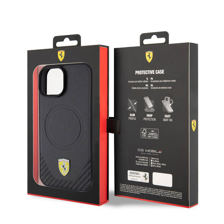 Apple iPhone 15 Kılıf Ferrari Orjinal Lisanslı M-safe Şarj Özellikli Metal Logolu PU Karbon Kapak