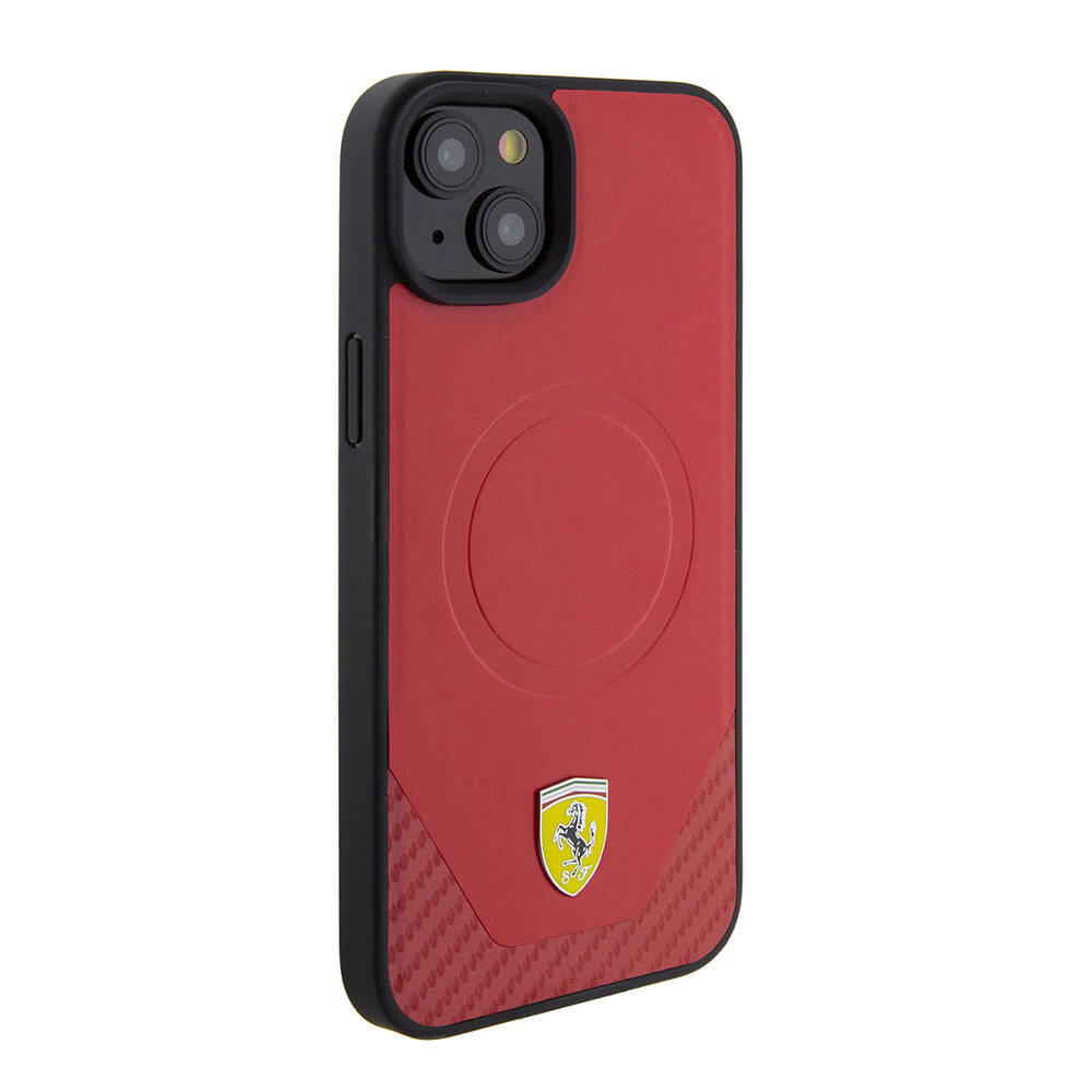 Apple iPhone 15 Kılıf Ferrari Orjinal Lisanslı M-safe Şarj Özellikli Metal Logolu PU Karbon Kapak