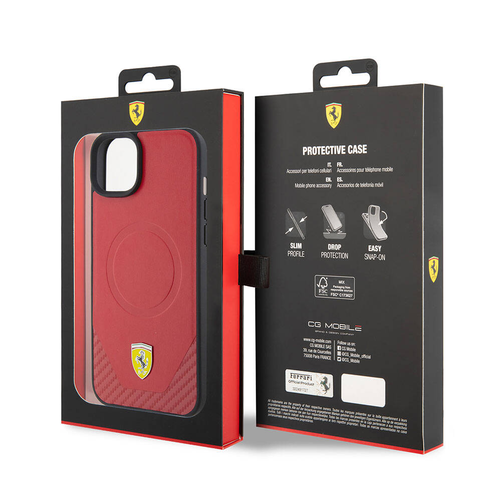 Apple iPhone 15 Kılıf Ferrari Orjinal Lisanslı M-safe Şarj Özellikli Metal Logolu PU Karbon Kapak