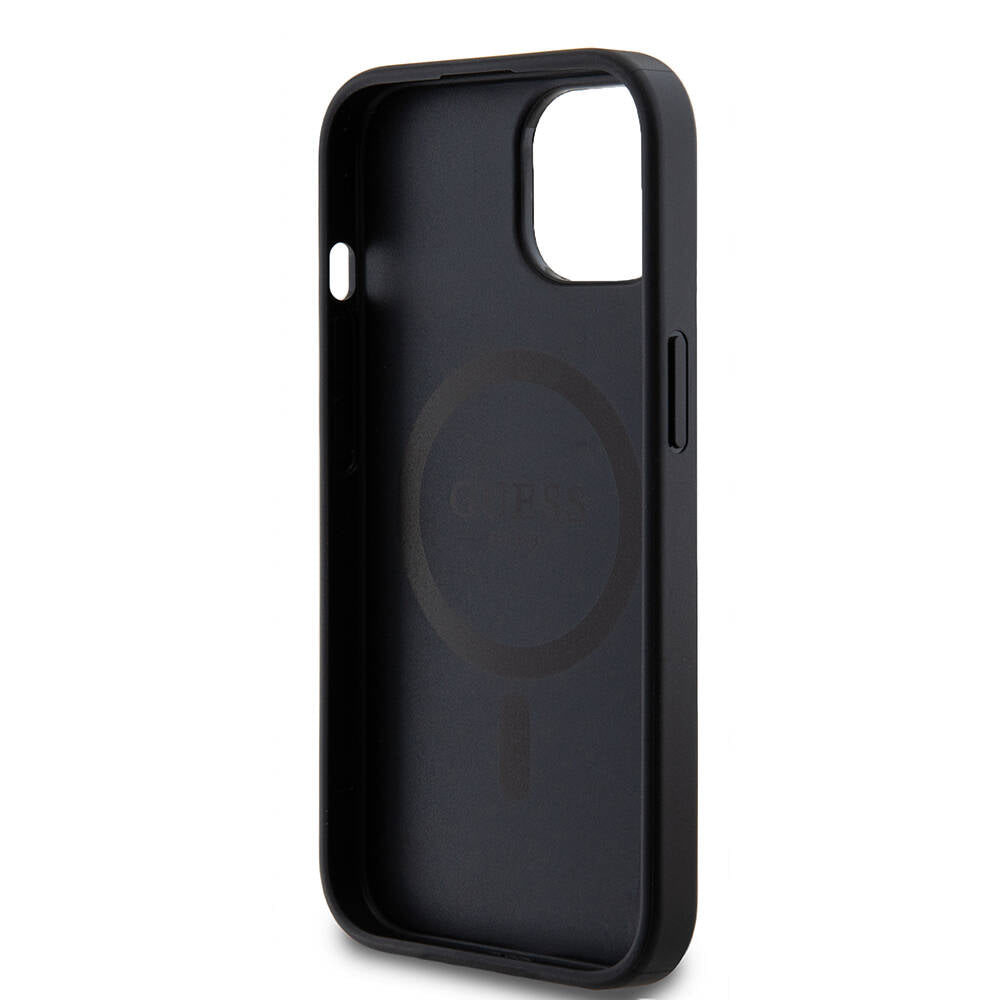 Apple iPhone 15 Kılıf Guess M-safe Şarj Özellikli PU Deri Desenli Metal Plaka Logolu Kapak