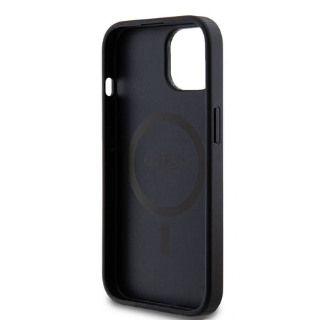 Apple iPhone 15 Kılıf Guess M-safe Şarj Özellikli PU Deri Desenli Metal Plaka Logolu Kapak