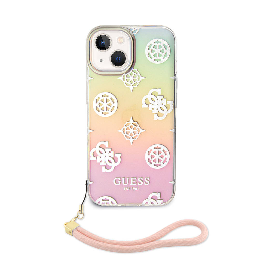 Apple iPhone 15 Kılıf Guess Orjinal Lisanslı Desenli Yazı Logolu Askı İpli Holografik Glitter Peony Kapak