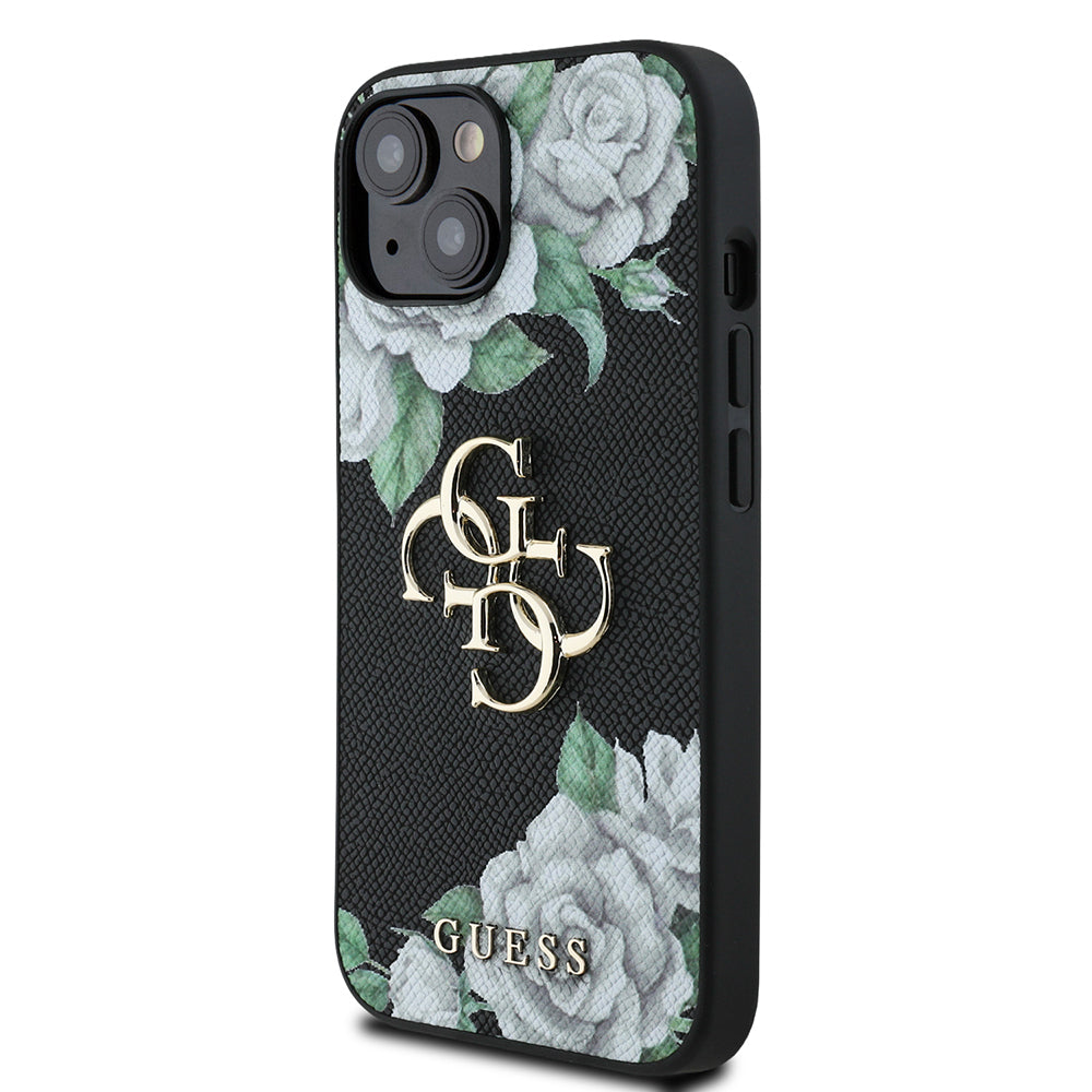 Apple iPhone 15 Kılıf Guess Orjinal Lisanslı Gül Baskılı Büyük Metal Logo Dizaynlı Kapak