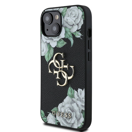 Apple iPhone 15 Kılıf Guess Orjinal Lisanslı Gül Baskılı Büyük Metal Logo Dizaynlı Kapak