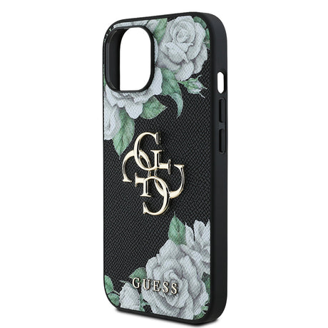 Apple iPhone 15 Kılıf Guess Orjinal Lisanslı Gül Baskılı Büyük Metal Logo Dizaynlı Kapak